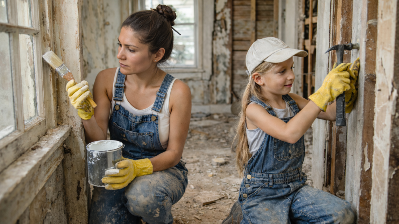 Mother and daughter renovating old house, painting window frame while child removes nails with hammer nearby