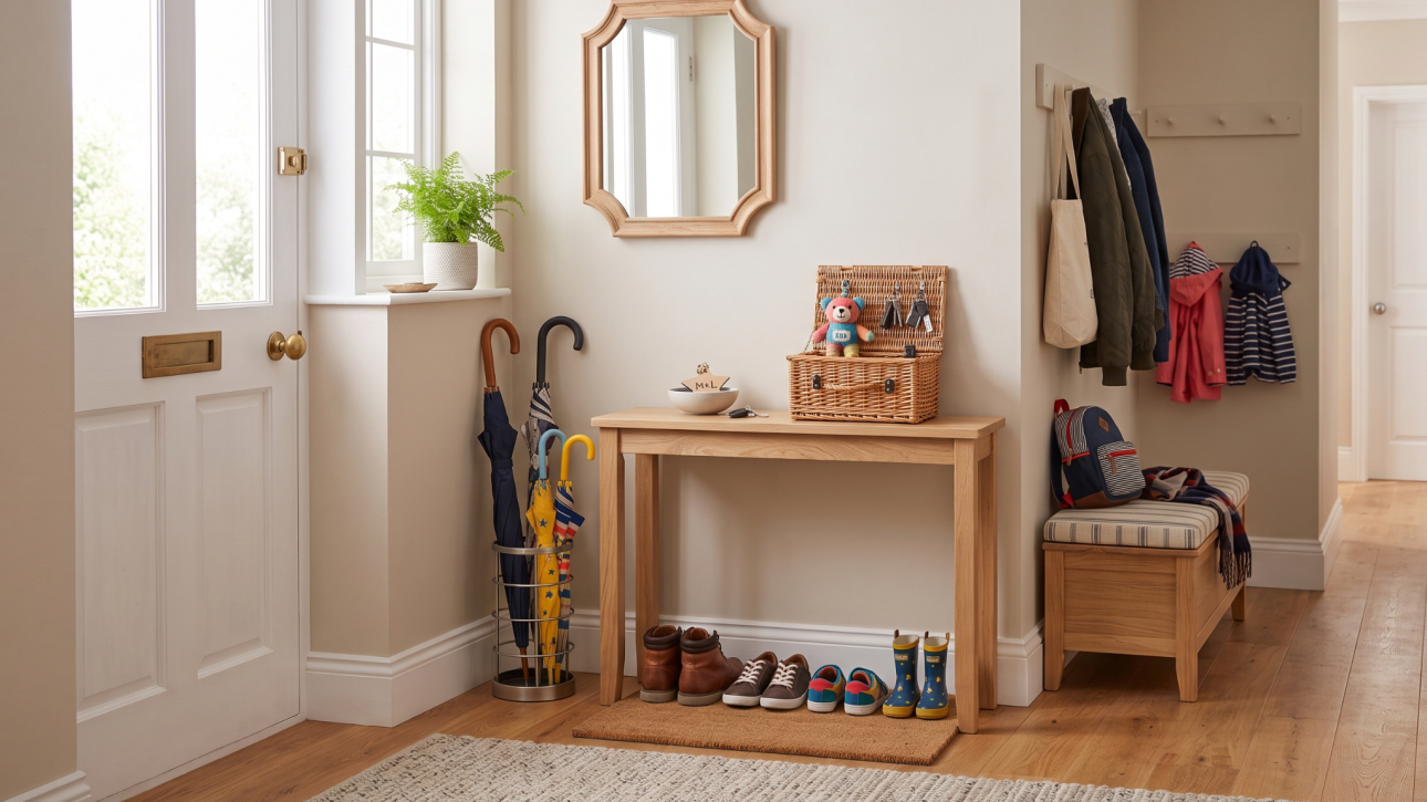 Bright hallway with wooden table, wicker basket, shoes, umbrellas, coats, and a plant near the window for home decor