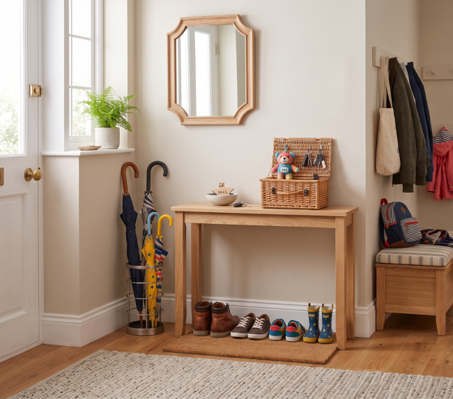 Bright hallway with wooden table, wicker basket, shoes, umbrellas, coats, and a plant near the window for home decor