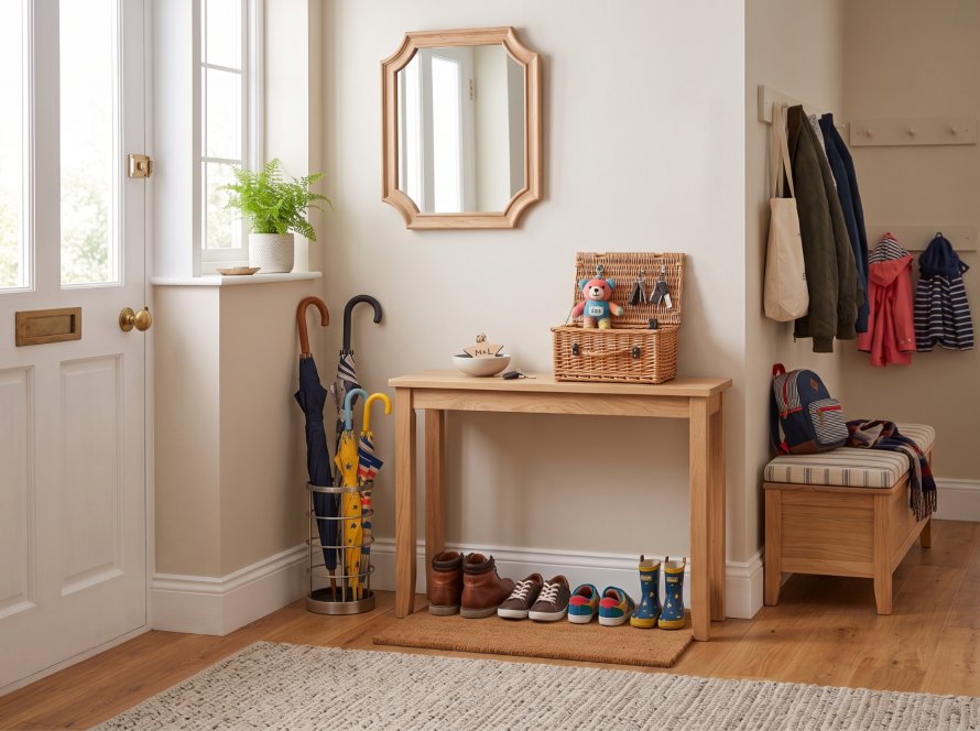 Bright hallway with wooden table, wicker basket, shoes, umbrellas, coats, and a plant near the window for home decor