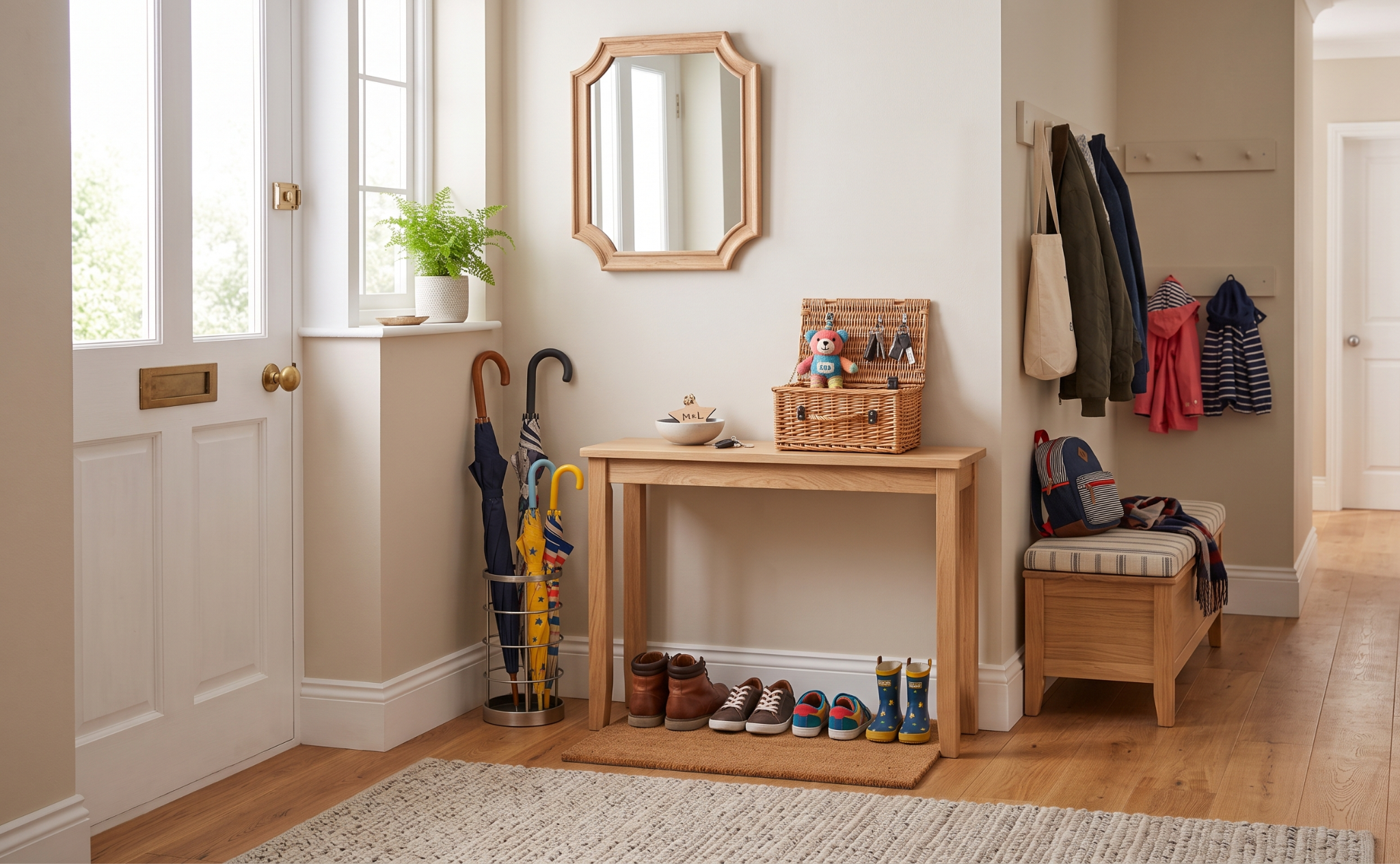 Bright hallway with wooden table, wicker basket, shoes, umbrellas, coats, and a plant near the window for home decor